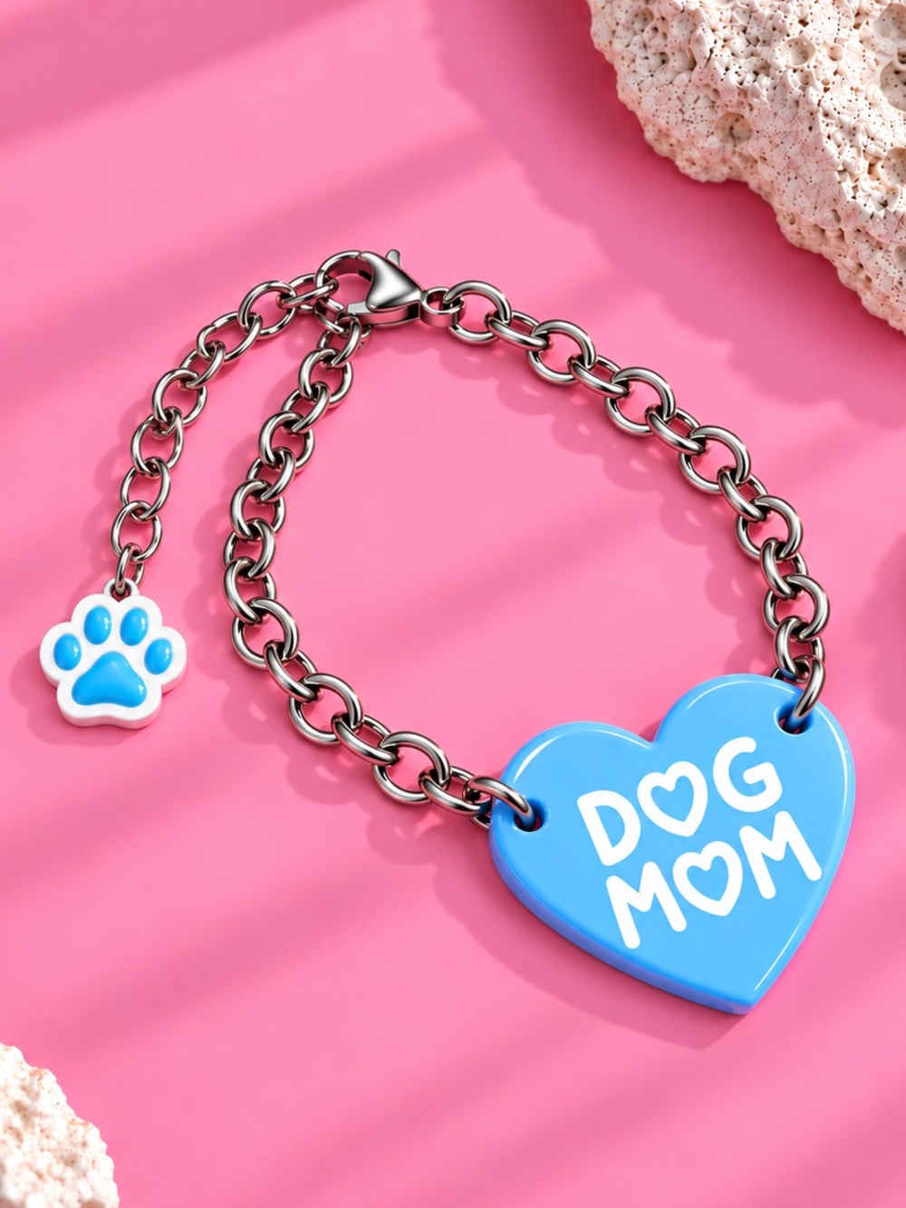 Dog Mom Heart Charm Bracelet — Stainless Steel Chain — Handmade
